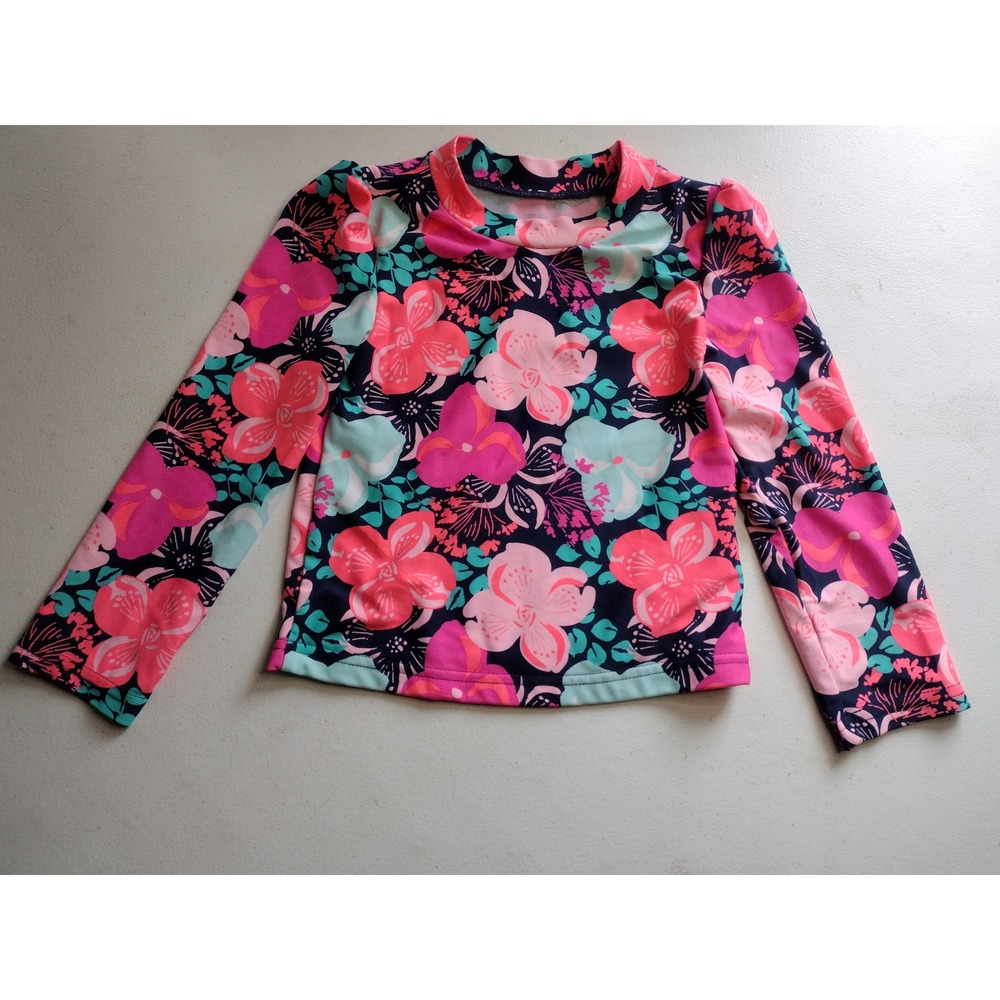 Carters Girls 4T Floral Long Sleeve Rash Guard Swim Top Navy Pink
